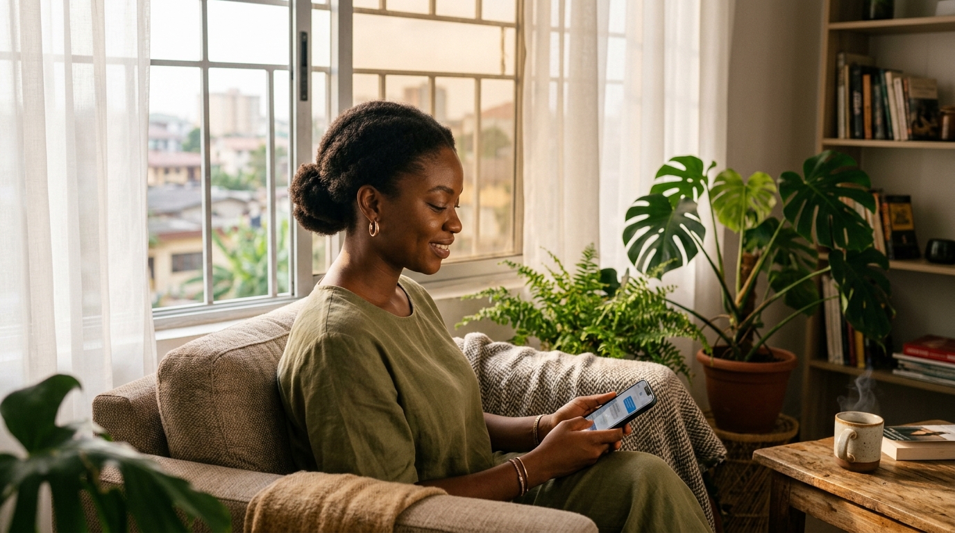 Young Nigerian woman sitting thoughtfully in her apartment